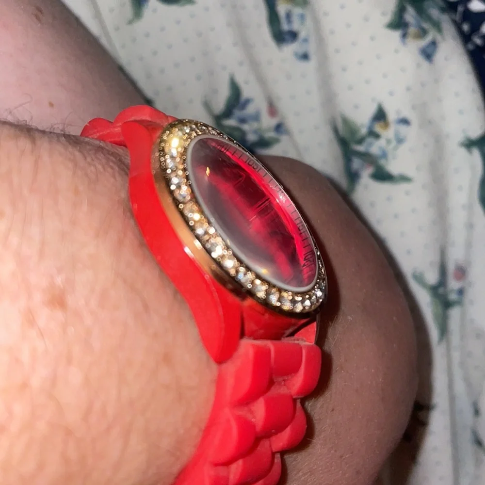 New red crystal watch round face silicone band Geneva